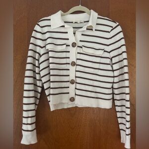 Sezane Betty Cardigan in Ecru & Camel Stripe